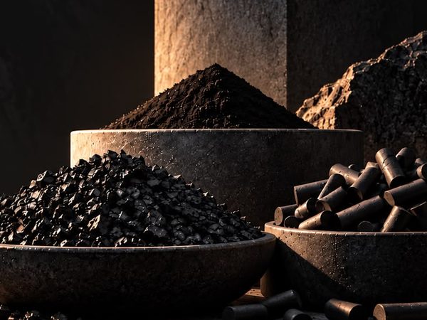 Powder, granules and pellets of activated carbon arranged side by side in stone vessels
