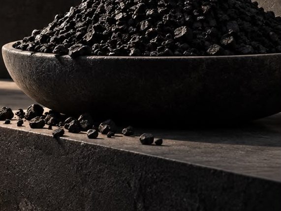 Granular activated carbon heaped in a dark stone bowl