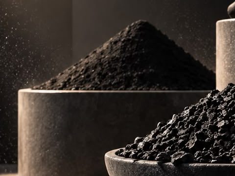 Fine black powdered activated carbon in a stone vessel, lit by a shaft of light
