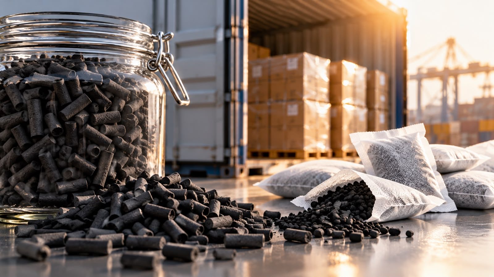 Activated carbon pellets in a glass jar and carbon sachets beside a loaded shipping container at a port