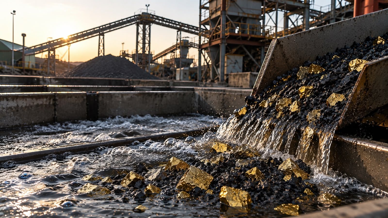 Carbon granules and gold-bearing ore washing down a chute at a mineral processing plant at sunset