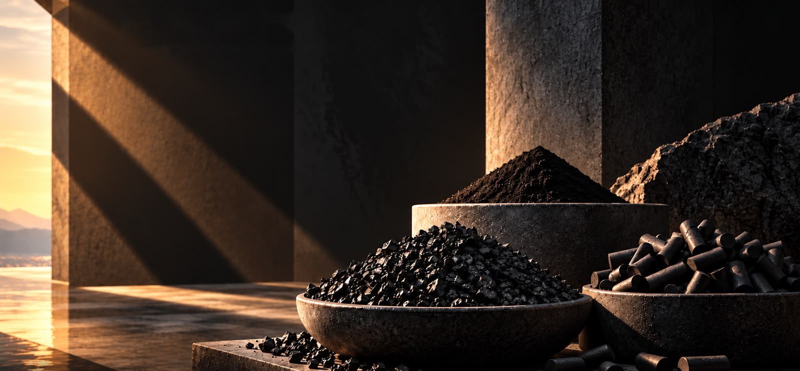 Granular, powdered and pelletised activated carbon in stone bowls, lit by low golden sunlight